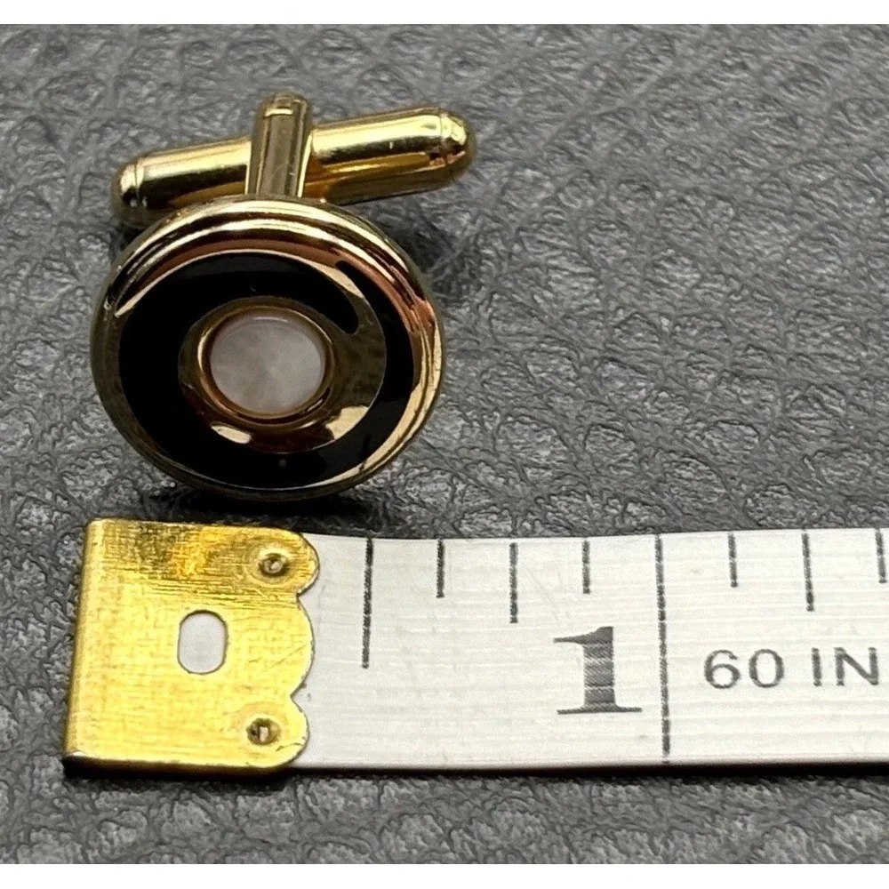 Vintage Mother of Pearl Black Enamel Swirl Round Cufflinks Gold Tone